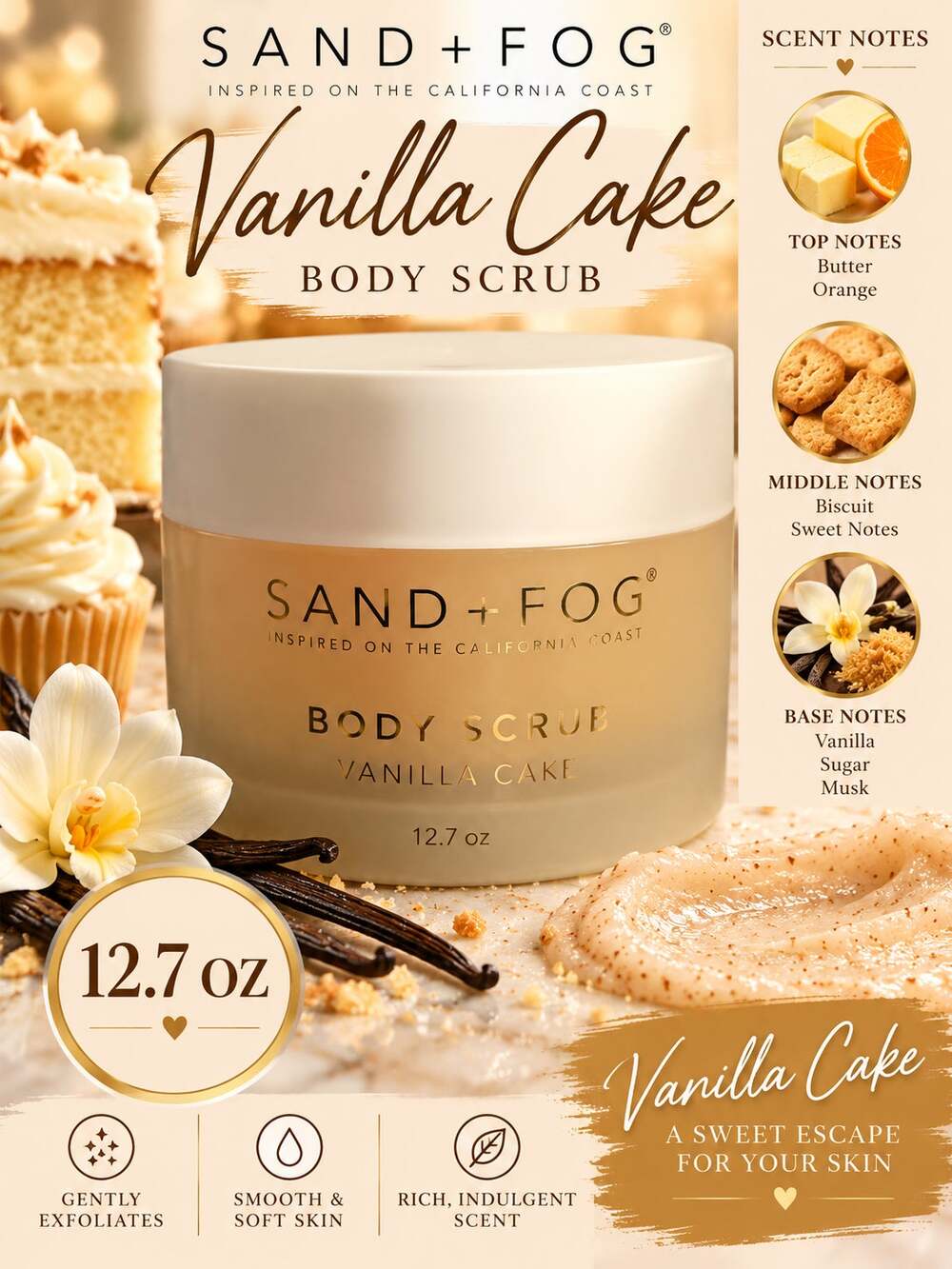 Sand + Fog Vanilla Cake 12.7 oz Body Scrub NEW